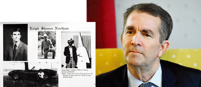 대학 졸업앨범에 흑인을 조롱하는 사진(왼쪽)을 실었음이 35년 만에 드러나 사퇴 위기에 몰린 랠프 노덤 미국 버지니아주 주지사. [The Virginian-Post, AP=뉴시스]