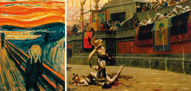 노르웨이 화가 뭉크의 ‘절규(1893  ·  왼쪽)와 로마시대 콜로세움의 검투사와 관중을 그린 프랑스 화가 장 레옹 제롬의 ‘폴리케 베르소(1872)’. 뭉크의 그림이 ‘고통은 말할 수 없다’는 주제를 형상화했다면, 제롬의 그림은 관종(노예상인)에게 끌려와 누구의 고통이 더 끔찍한지 경쟁을 펼쳐야 하는 고통의 당사자(검투사), 그리고 이를 일상적 유희로 즐기는 관중(대중)으로 이뤄진 고통의 콜로세움을 형상화한다. 폴리케 베르소는 라틴어로 ‘뒤집힌 엄지’란 뜻으로 패배한 검투사를 죽이라는 의미다. [위키피디아]