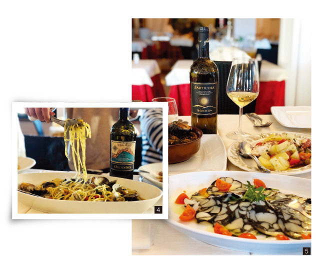 4 봉골레 스파게티와 오로 디제 와인. 5  해산물 전채요리와 사르티콜라 와인. [사진 제공 · 김상미]