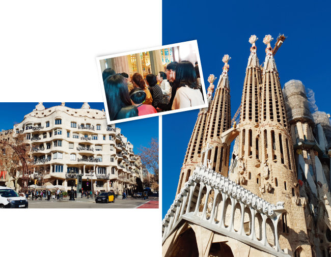 바르셀로나를 대표하는 천재 건축가 가우디가 설계한 카사 밀라(왼쪽)와 사그리다 파밀리아 성당. 음악과 함께하는 가우디 가이드 투어는 꽤 만족스러웠다(가운데).
