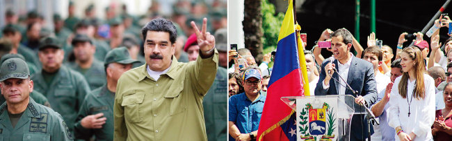 니콜라스 마두로 베네수엘라 대통령이 군부 지도부와 함께 걸어가면서 손으로 V자를 그리고 있다(왼쪽). 후안 과이도 베네수엘라 국회의장(가운데)이 니콜라스 마두로 대통령의 퇴진을 요구하고 있다. [베네수엘라 대통령궁, 위키피디아]