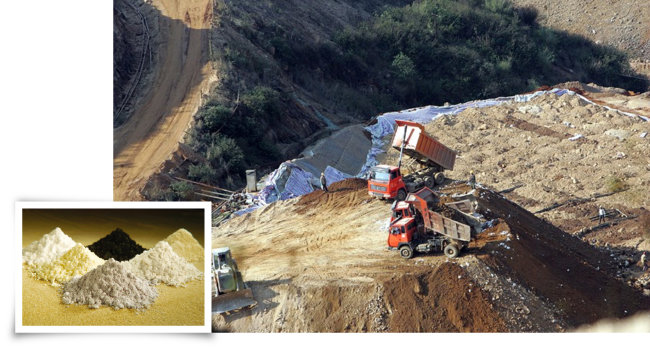 희토류(왼쪽). 중국에서 희토류가 가장 많이 매장된 바오터우 광산에서 희토류를 캐내는 모습. [VCG, 위키피디아]