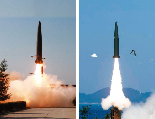 북한이 5월 9일 발사해 이튿날 공개한 ‘북한판 이스칸데르’ 미사일 발사 모습(왼쪽)과 한국이 개발한 현무-2B 발사 장면. 한국은 10년도 더 전에 튀어 오르는 비행을 하는 현무-2B를 개발해 실전배치했다. 두 미사일의 외형이 매우 흡사한 것을 알 수 있다. [노동신문, 국방부]