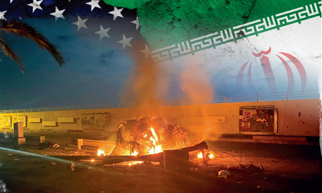 이라크 총리실이 공개한 사진으로, 1월 3일 새벽 이라크 바그다드국제공항에서 가셈 솔레이마니가 탔던 차량이 미군의 공습으로 불타고 있다. [바그다드=AP/뉴시스]