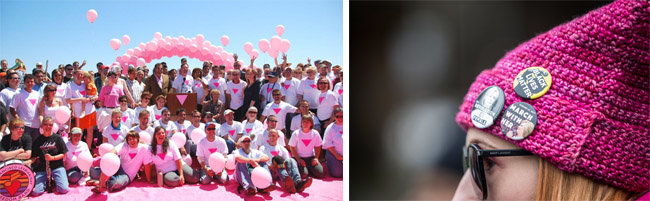 동성애자의 축제인 샌프란시스코의 핑크 트라이앵글 축제에서 분홍빛 역삼각형 마크를 착용한 사람들(왼쪽), 올해 1월 미국 뉴욕에서 열린 여성행진 시위에 참석한 여성의 핑크빛 모자에 착용된 뱃지들. 흑인인권운동, 여성참정운동, 페미니즘운동의 메시지가 적혀있다. [The Pink Triangle 홈페이지, 게티이미지]