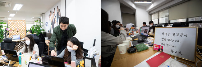 3월 11일 서울 종로구 중학동의 황교안 후보 선거캠프에서 홍보팀 요원들이 콘텐츠 제작을 하고 있다(왼쪽). 