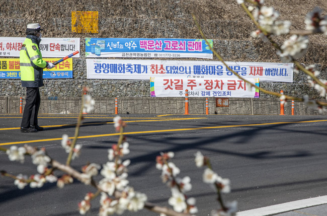 매화마을 방문을 자제하는 현수막.