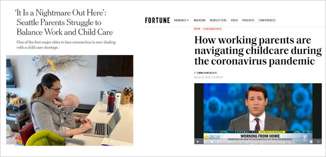 코로나19로 인한 재택근무와 육아 문제를 다룬 뉴욕타임스(왼쪽)와 포춘 지 기사. [각 홈페이지 캡쳐]