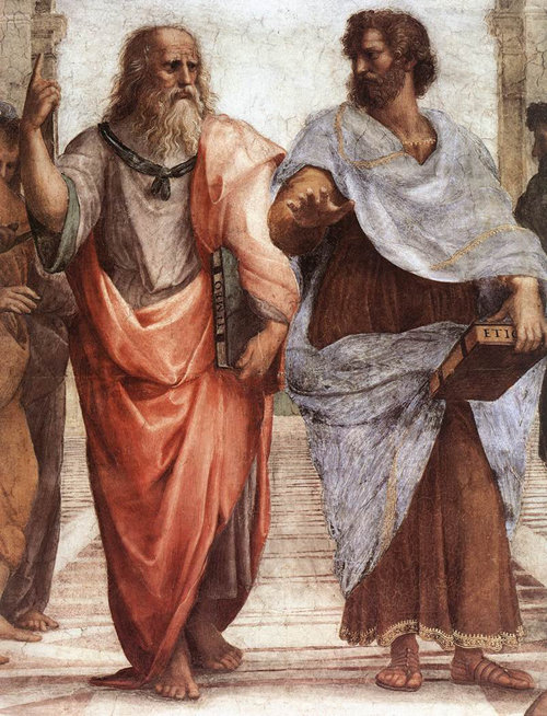 플라톤과 아리스토텔레스. (그림=라파엘 작 [아테네 학당 일부], 1509)