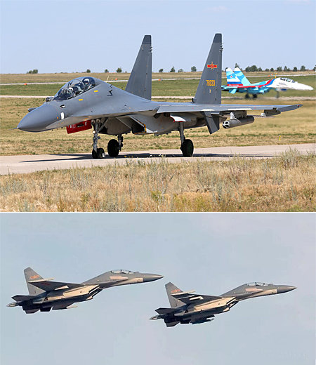 중국 공군이 보유한 플랭커 계열의 대형 복좌 기체인 Su-30MKK(위) 기종과 J-16. [airliners 홈페이지 제공, 중화인민공화국 국방부 제공]