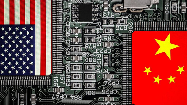 미국과 중국의 기술 패권 경쟁을 상징하는 일러스트레이션. [Nikkei]