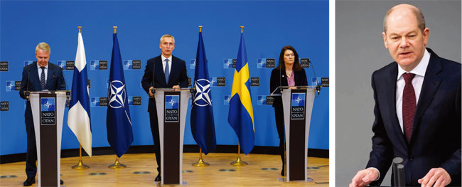 안데르손 스웨덴 총리와 나토 사무총장, 마린 핀란드 총리(왼쪽부터)가 기자회견을 하고 있다(왼쪽). 올라프 숄츠 독일 총리가 연방 하원에서 군 현대화 계획을 밝히고 있다. [NATO, DW]