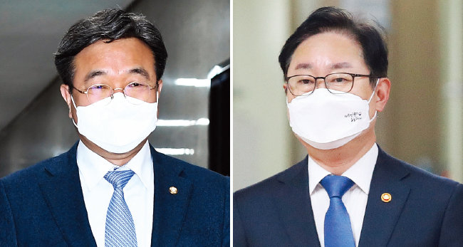 더불어민주당 윤호중 비상대책위원장(왼쪽)과 박범계 법무부 장관. [뉴스1]