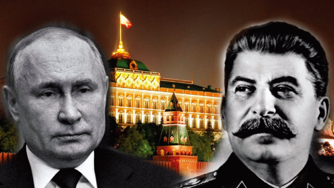블라디미르 푸틴 러시아 대통령(왼쪽)과 이오시프 스탈린 전 소련 공산당 서기장. [The New European]