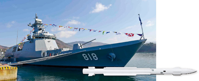 한국 해군 호위함 대구함(왼쪽)과 해궁 단거리대공미사일. [사진 제공 · 해군, 사진 제공 · LIG넥스원]