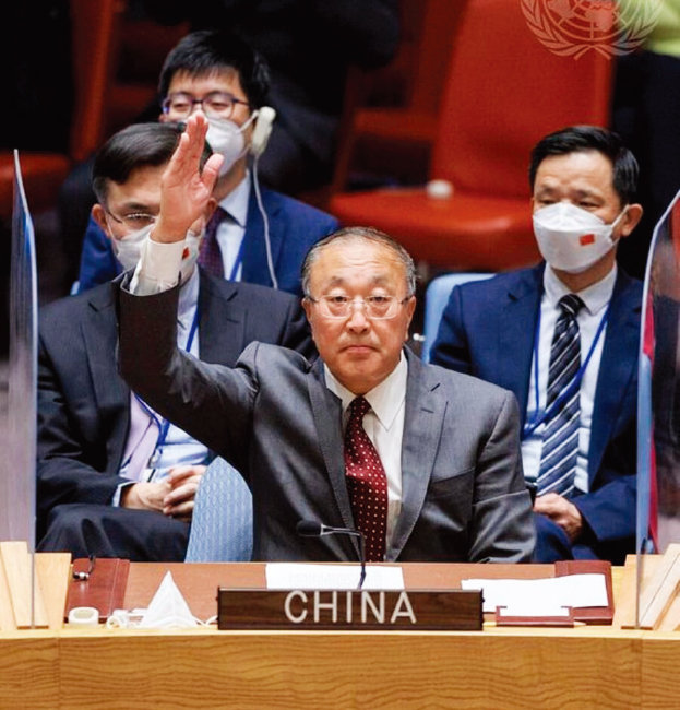 장쥔 주유엔 중국대사가 5월 26일 유엔 안전보장이사회에서 대북 제재 결의안에 반대하고 있다. [유엔]