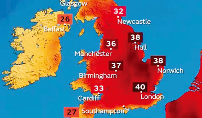 폭염으로 전례 없는 고온을 기록 중인 영국의 기온 분포 지도. [영국기상청 홈페이지]