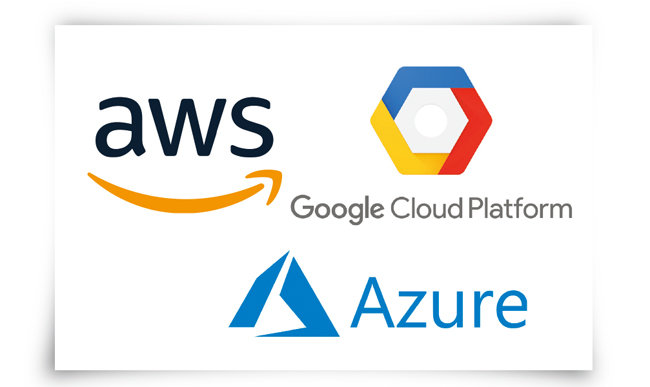 아마존웹서비스(AWS)와 구글 클라우드 플랫폼(GCP), MS의 클라우드 서비스 애저(Azure) 로고(왼쪽 위부터 시계 방향으로).