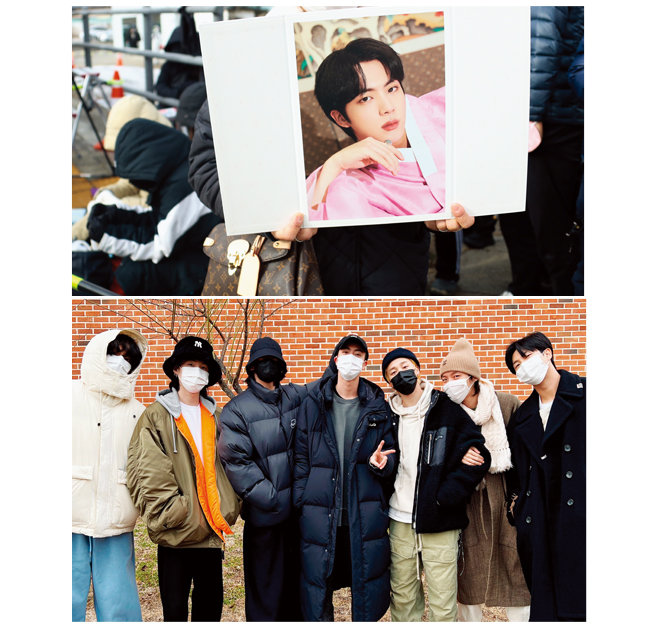 12월 13일 BTS 멤버 진이 입대하는 현장에는 많은 팬과 멤버 전원이 모여 환송했다. [뉴스1, 방탄소년단 트위터]