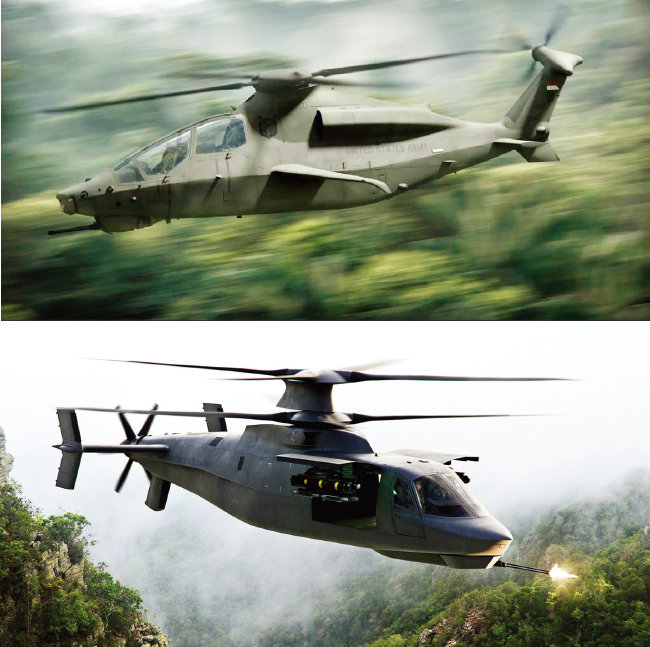 미국의 미래 공격정찰항공기(FARA) 사업 수주에 나선 벨 헬리콥터의 ‘벨 360 인빅터스’(위)와 시코르스키의 ‘라이더-X’. [벨 헬리콥터 제공, 록히드 마틴 제공]