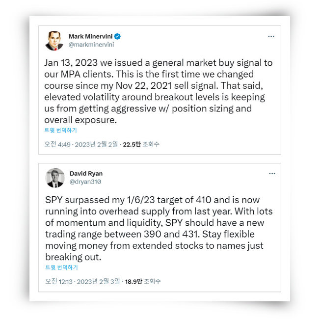 미국 ‘투자의 신’ 마크 미너비니(위)와 데이비드 라이언이 향후 증시가 오를 것 이라는 내용으로 각각 2월 2일, 3일에 올린 트윗. [트위터 캡처]