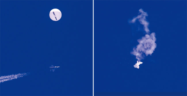 2월 4일(현지 시간) 미국 사우스캐롤라이나주 해안 상공에 중국 정찰풍선이 떠 있고, 그 아래로 미 공군 F-2 2전투기가 지나가고 있다(왼쪽). 전투기에서 발사된 미사일이 풍선을 관통하자 잠시 뒤 하늘에서 뿌연 연기와 함께 풍선 잔해가 추락하고 있다. [AP 뉴시스· CNN 방송 홈페이지 캡처]