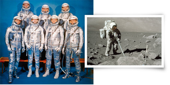 1950년대 말 머큐리 계획의 우주복(왼쪽). 아폴로 17호의 우주비행사가 먼지로 뒤덮인 우주복을 입고 달에서 표토 샘플을 수집하고 있다. [NASA 제공]