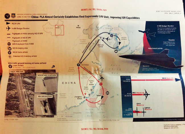 미국 국가지리정보국(NGA) 기밀문서에 적시된 중국군 초음속 스텔스 드론 WZ-8의 정찰비행 경로. [트위터]