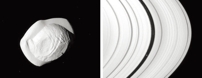 지름이 35㎞에 불과한 만두 모양의 토성 위성 ‘팬’(왼쪽)과 토성 고리에서 점처럼 빛나는 위성 팬. [NASA]