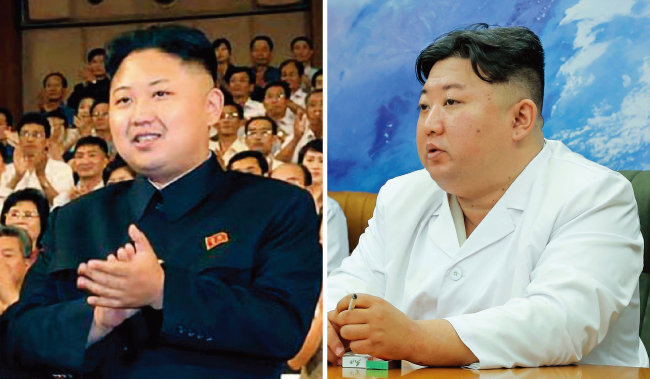 김정은 북한 국무위원장의 2012년 6월 모습(왼쪽)과 올해 5월 16일 모습. [노동신문]