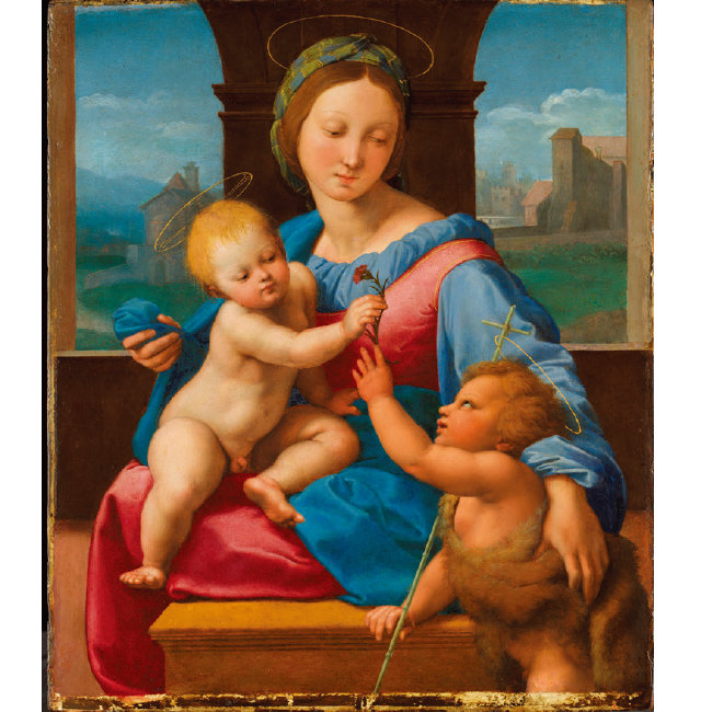 라파엘로, ‘성모자(聖母子)와 세례 요한(가바의 성모)’ 1510~1511년경, 목판에 유화, 38.9×32.9cm, 내셔널갤러리 런던. [국립중앙박물관 제공]
