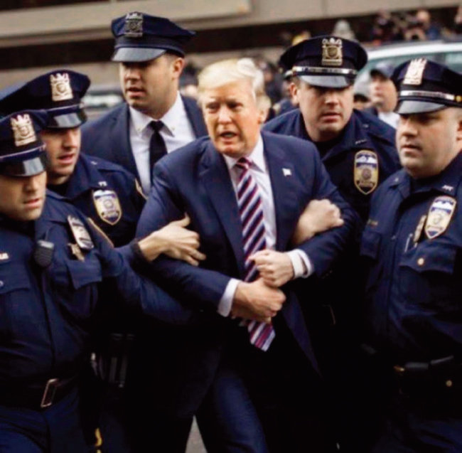 도널드 트럼프 전 미국 대통령이 경찰에 쫓기다 수갑을 차고 연행되는 AI 조작 이미지가 3월 트위터에서 유행처럼 번졌다. [트위터 캡처]