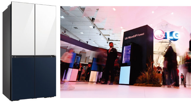 삼성전자가 유럽시장을 겨냥해 출시한 냉장고 ‘비스포크 프렌치도어’(왼쪽)와 LG전자가 IFA에서 전시한 ‘LG 무드업 포레스트’. [삼성전자 제공, LG전자 제]