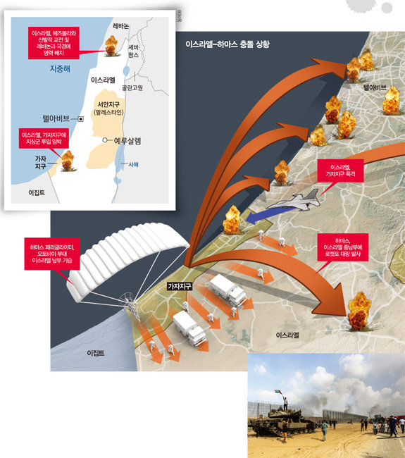 10월 7일 팔레스타인 칸유니스 인근 가자지구에서 팔레스타인 주민들이 파괴된 이스라엘 전차 주변에 모여 환호하고 있다. 하마스는 개전과 동시에 대규모 로켓과 드론으로 이스라엘 방공체계와 감시망을 타격했다. [동아DB, 뉴시스]