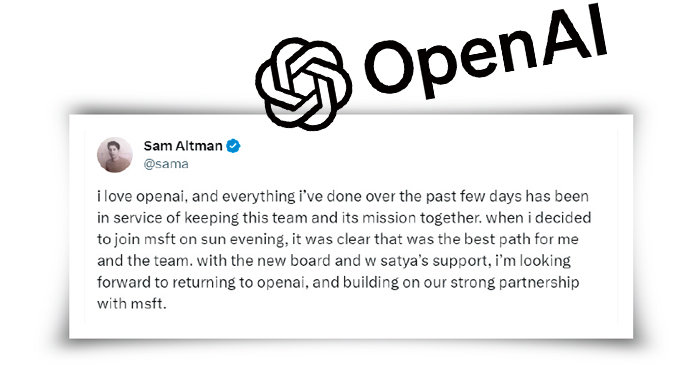 올트먼 CEO가 오픈AI로 복귀가 결정된 11월 22일(현지 시간) X 계정에 올린 게시물. [샘 올트먼 X(옛 트위터) 캡처]