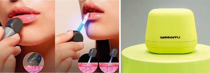 입술 진단과 케어가 가능한 ‘립큐어빔’(왼쪽). 휴대용 타투 프린터 ‘임프린투’. [아모레퍼시픽 제공, LG생활건강 제공]