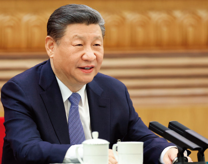 시진핑 중국 국가주석이 3월 5일 수도 베이징에서 열린 제14차 전국인민대표대회(전인대) 2차 회의에 참석해 발언하고 있다. [뉴시스]