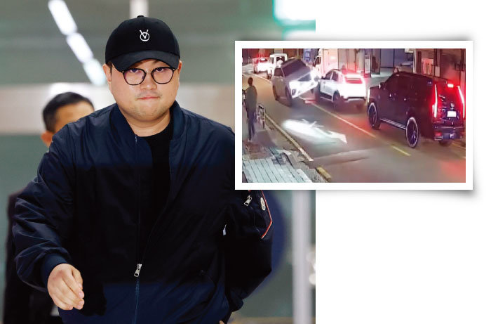5월 21일 서울 강남경찰서에서 조사를 마친 후 나오고 있는 트로트 가수 김호중 씨(왼쪽)와 5월 9일 김 씨의 자동차가 서울 강남 도로에서 교통사고를 낸 장면. [뉴스1, 채널A 보도 화면 캡처]