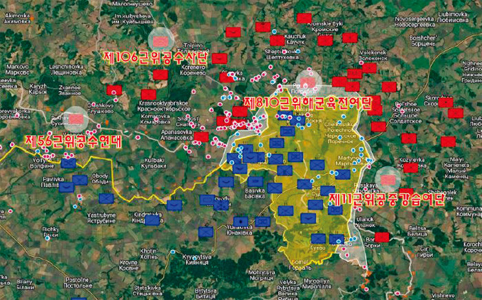 북한군이 배속된 쿠르스크 전선 4개 방면 러시아군 부대 배치도. 해외 공개출처정 보(OSINT) 분석 활동가들이 러시아-우크라이나 전쟁 전황을 업데이트하는 온라인 채널 ‘Project Owl’ 자료를 이일우 자주국방네트워크 사무국장이 취합한 것이다. [이일우 제공]