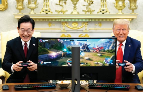 인공지능(AI) 이미지 생성 모델 ‘나노바나나’가 만들어낸 이미지. 이재명 대통령과 도널드 트럼프 미국 대통령이 함께 컴퓨터 게임을 하는 모습이다. 나노바나나 생성 이미지