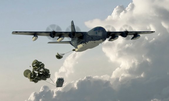 미 공군 MC-130 수송기에서 미사일이 탑재된 팰릿이 투하되는 이미지. 최근 미국은 미사일 투발 수단을 다양화하고 있다. 록히드마틴 제공 