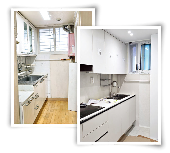 서울 서대문구에 있는 27년 차 아파트 주방을 ‘반셀프 인테리어’로 바꾸기 전(왼쪽)과 후 모습. 독자 제공