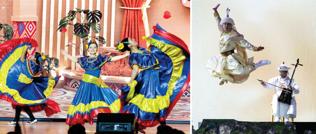역동적인 전통춤을 선보이는 콜롬비아 사절단(왼쪽)과 몽골 ‘마두금(馬頭琴)’ 연주와 유목민의 기상이 담긴 전통춤 공연. 홍중식 기자