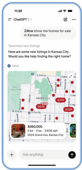 챗GPT 대화창에서 집 매물 검색 애플리케이션(앱) ‘질로우’가 작동하는 모습. 오픈AI 제공