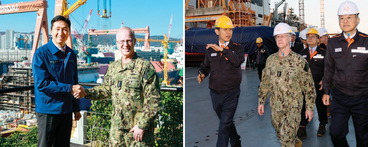 대릴 커들 미국 해군참모총장이 11월 15일 울산 HD현대중공업 조선소(왼쪽)와 한화오션 거제사업장을 잇달아 방문했다. HD현대중공업 제공·한화오션 제공
