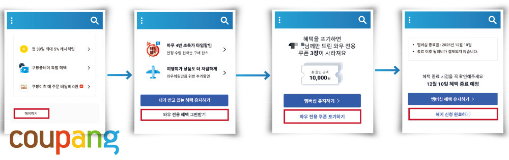 쿠팡 멤버십을 해지하려면 ‘해지하기’ ‘와우 전용 혜택 그만 받기’ ‘와우 전용 쿠폰 포기하기’ ‘해지 신청 완료하기’를 차례로 눌러야 한다. 쿠팡 제공·임경진 기자