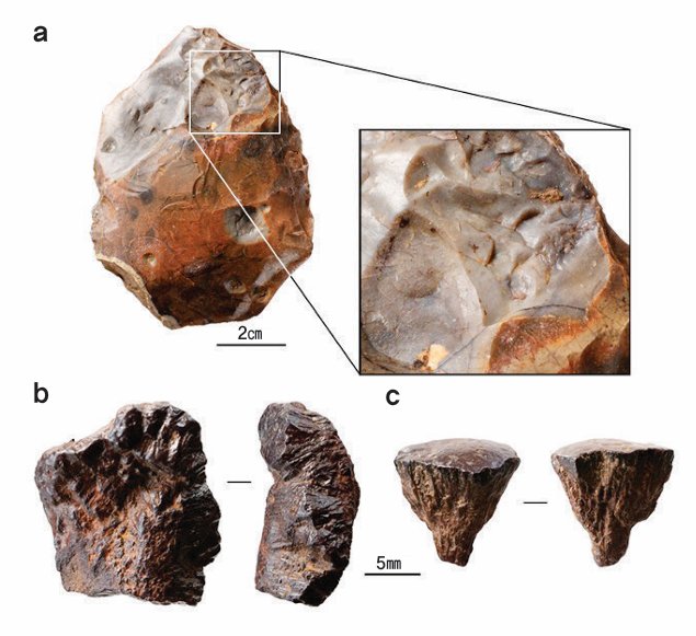 영국 바넘 유적의 약 40만 년 전 화덕 주변에서 출토한 열에 변형된 부싯돌 손도끼(a)와 황철석 조각(b·c). 네이처 제공