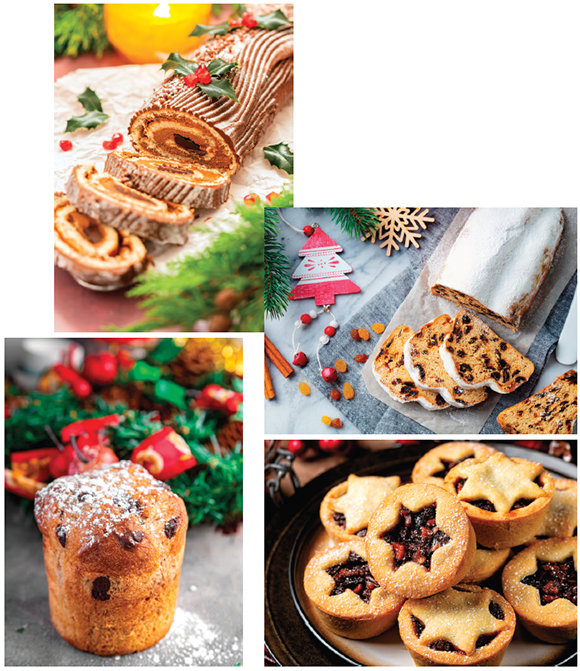 장작 모양의 롤케이크 ‘뷔슈 드 노엘’,  슈거 파우더가 눈처럼 내려앉은 ‘슈톨렌’,  먹으면 행운이 온다는 ‘민스파이’,  폭신한 식감의 ‘파네토네’(왼쪽 위부터 시계 방향). GETTYIMAGES