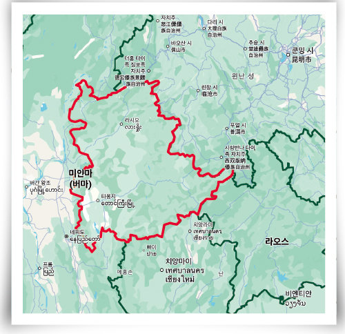 미얀마 북동부에 위치한 샨주(州)는 북동쪽으로는 중국, 남쪽으로는 태국과 국경을 맞대고 있다. 구글 지도 