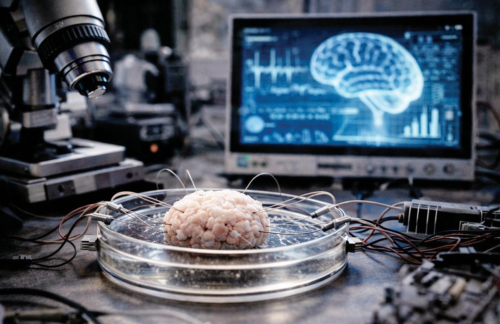 뇌 오가노이드에 전극을 연결해 신경 활동을 측정하고 이를 계산 과정으로 해석하는 연구를 생성형 인공지능(AI) 챗GPT가 개념적으로 구현한 이미지.